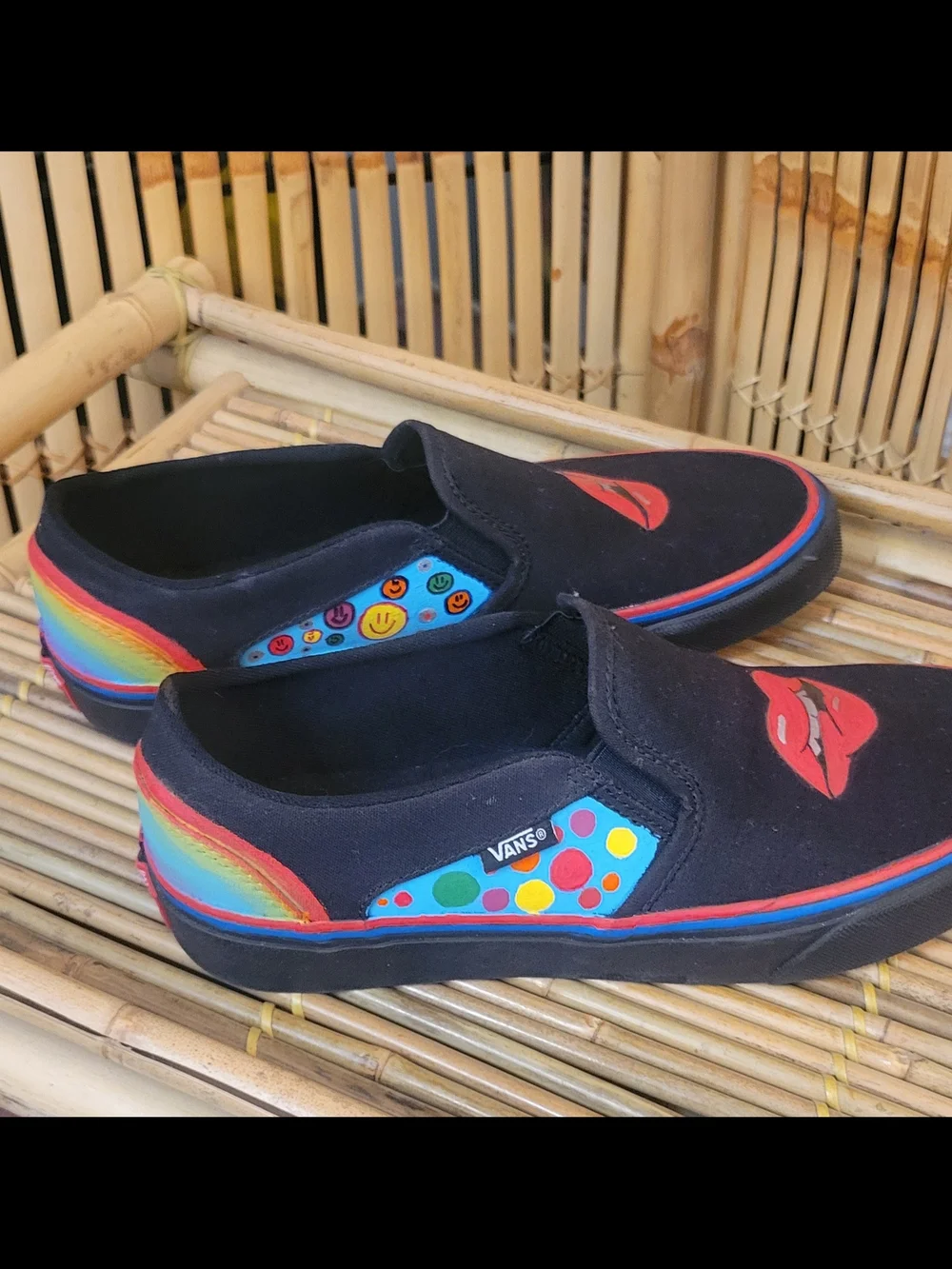 Vans Black Slip-On Sneakers with Red Lip Graphic and Multicolor Accents - Picture 3 of 6